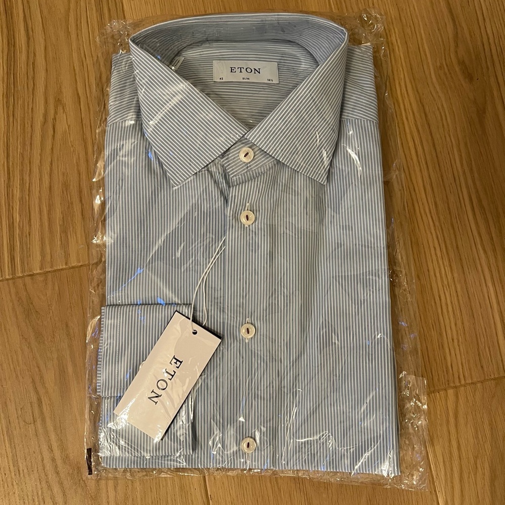 NWT Eton Men’s Blue and White Dress Shirt, Size 42 / 16.5 Slim